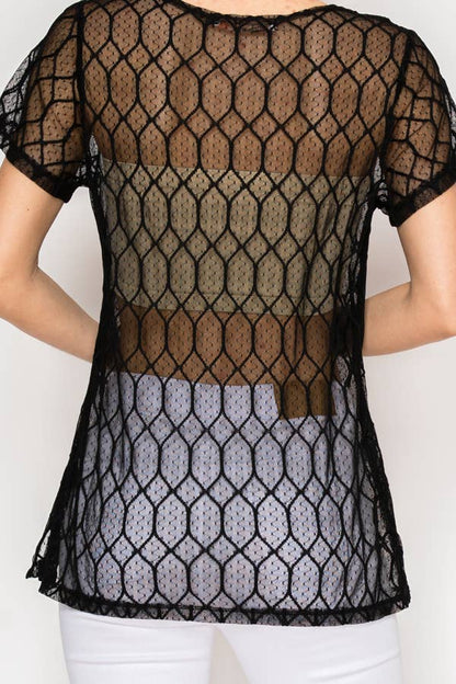 Sheer Lattice Mesh Short Sleeve Blouse - ivyandlavyboutique Origami Apparel ~ Lace and Crochet inspired