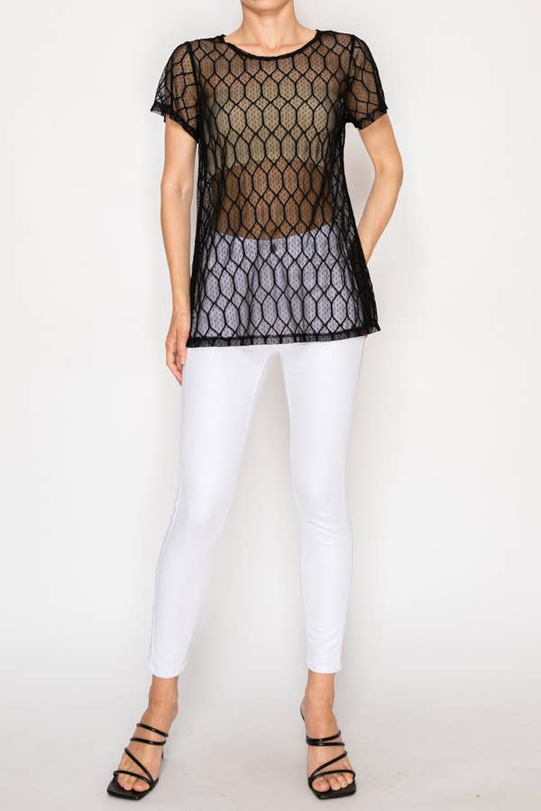 Sheer Lattice Mesh Short Sleeve Blouse - ivyandlavyboutique Origami Apparel ~ Lace and Crochet inspired