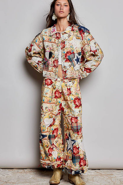 She's Artsy Mixed Fabric Patchwork Long Sleeve Cropped Woven Jacket - ivyandlavyboutique Pol Clothing