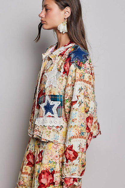 She's Artsy Mixed Fabric Patchwork Long Sleeve Cropped Woven Jacket - ivyandlavyboutique Pol Clothing