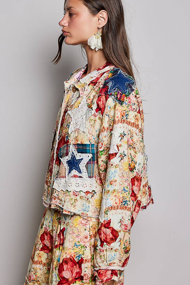 She's Artsy Mixed Fabric Patchwork Long Sleeve Cropped Woven Jacket - ivyandlavyboutique Pol Clothing