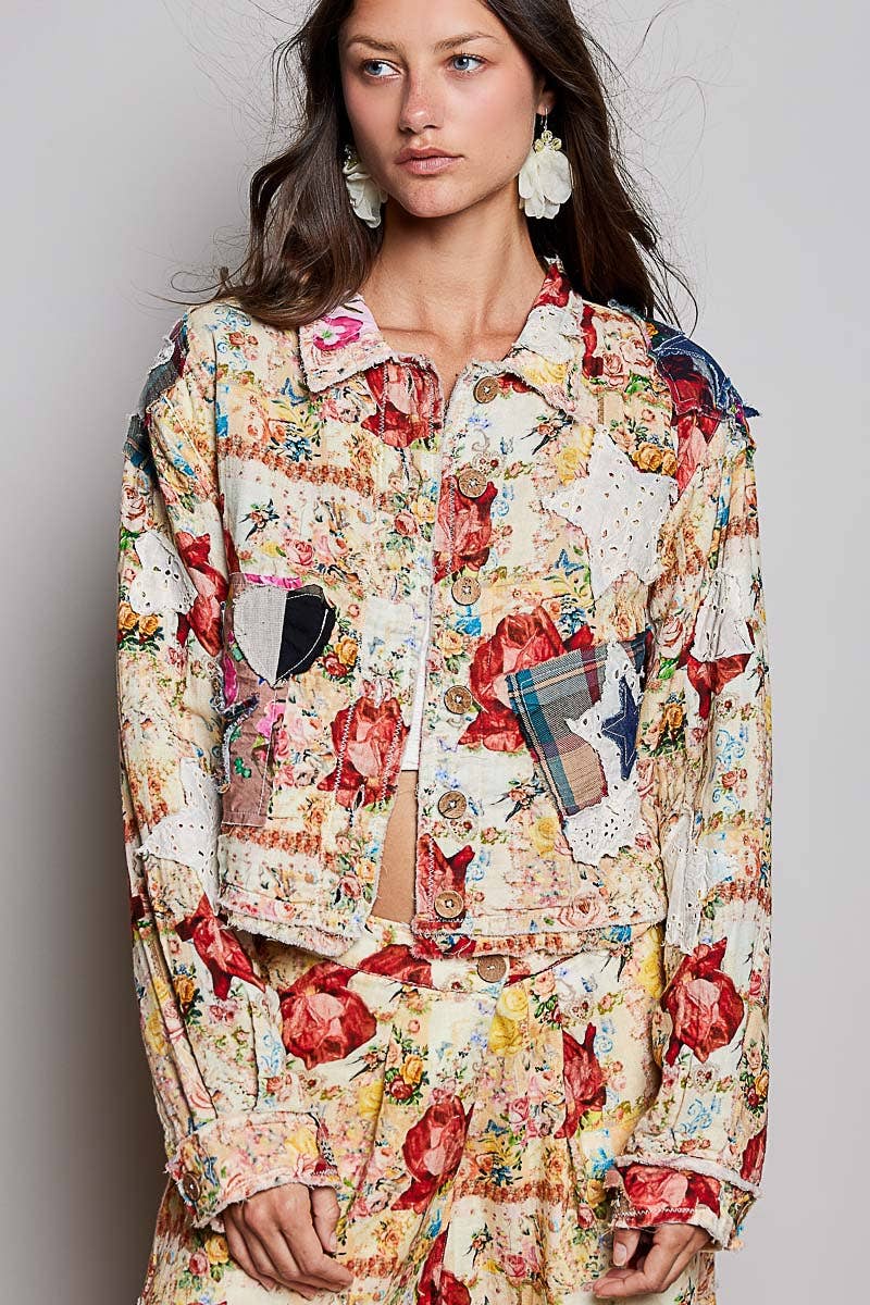 She's Artsy Mixed Fabric Patchwork Long Sleeve Cropped Woven Jacket - ivyandlavyboutique Pol Clothing