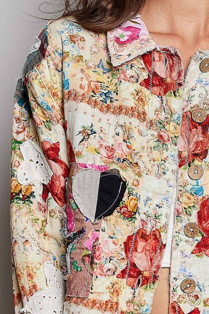She's Artsy Mixed Fabric Patchwork Long Sleeve Cropped Woven Jacket - ivyandlavyboutique Pol Clothing