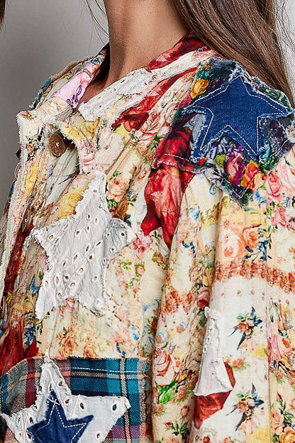 She's Artsy Mixed Fabric Patchwork Long Sleeve Cropped Woven Jacket - ivyandlavyboutique Pol Clothing