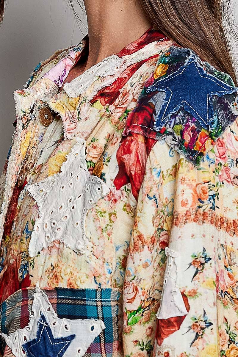 She's Artsy Mixed Fabric Patchwork Long Sleeve Cropped Woven Jacket - ivyandlavyboutique Pol Clothing