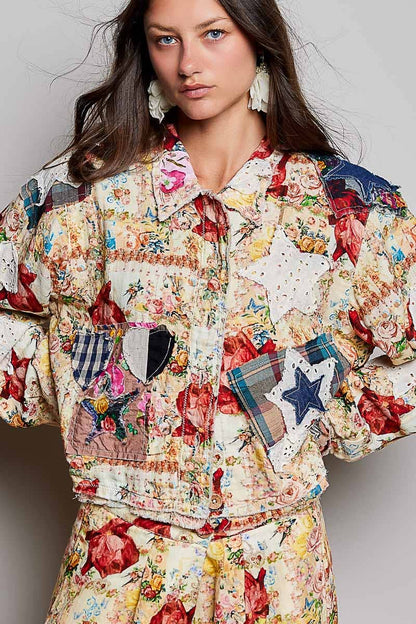 She's Artsy Mixed Fabric Patchwork Long Sleeve Cropped Woven Jacket - ivyandlavyboutique Pol Clothing