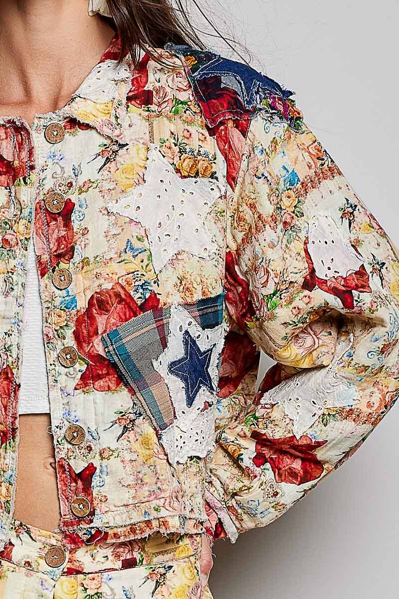 She's Artsy Mixed Fabric Patchwork Long Sleeve Cropped Woven Jacket - ivyandlavyboutique Pol Clothing