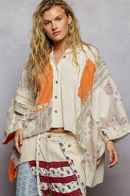 She’s Sunshine 3/4 Sleeve Textured Woven Rib Crochet Embroidery Shirt Top - ivyandlavyboutique Pol Clothing