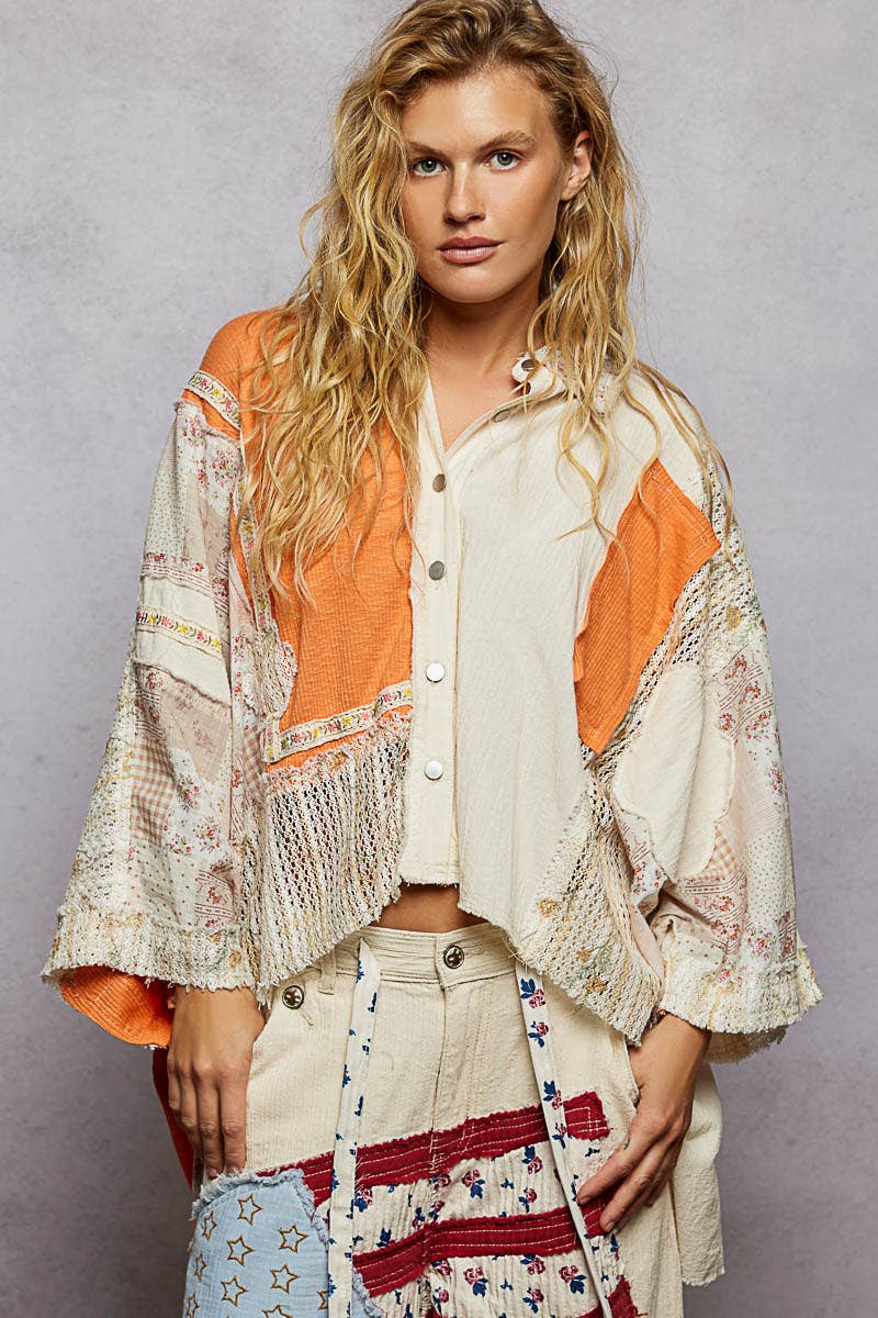 She’s Sunshine 3/4 Sleeve Textured Woven Rib Crochet Embroidery Shirt Top - ivyandlavyboutique Pol Clothing
