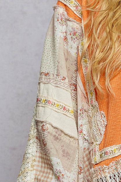 She’s Sunshine 3/4 Sleeve Textured Woven Rib Crochet Embroidery Shirt Top - ivyandlavyboutique Pol Clothing