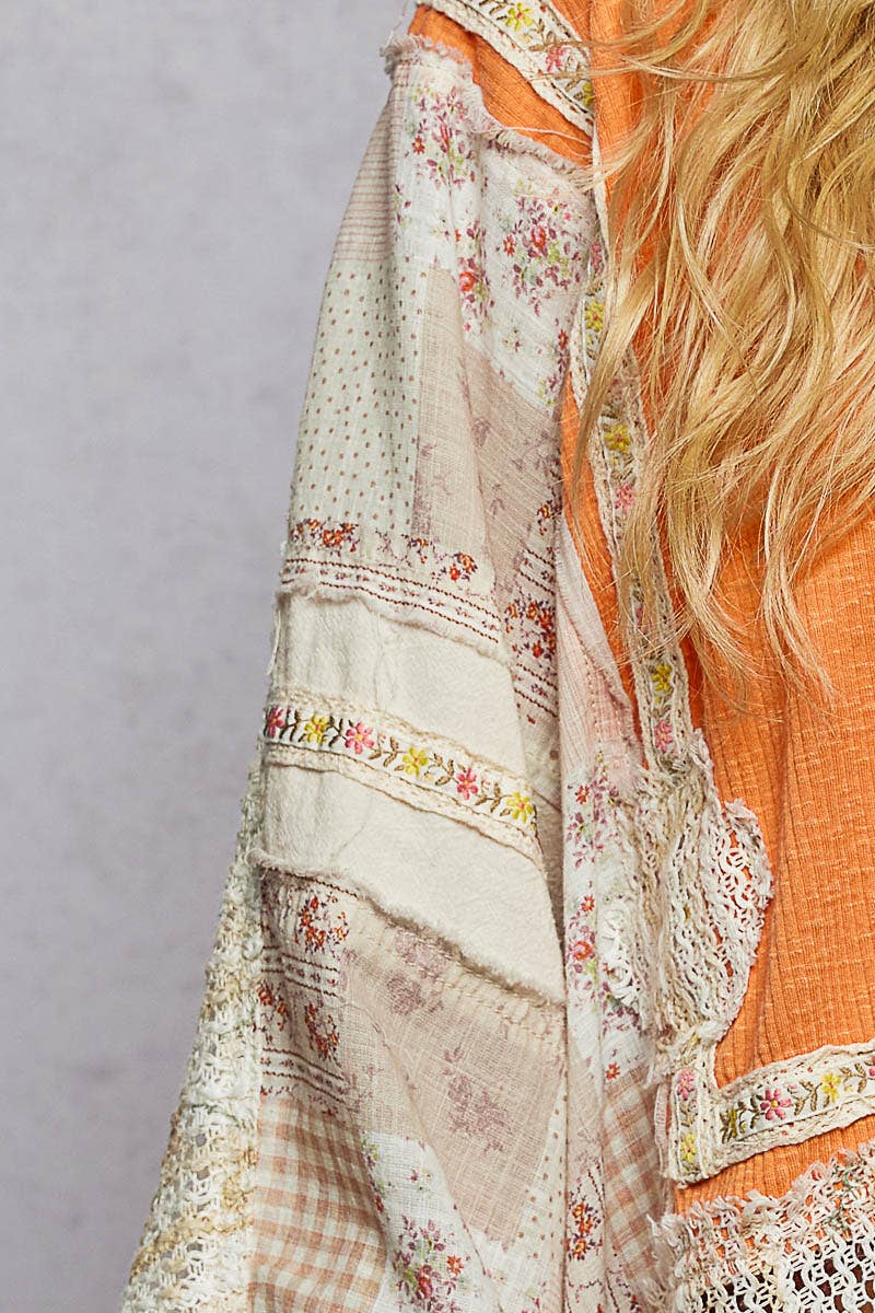 She’s Sunshine 3/4 Sleeve Textured Woven Rib Crochet Embroidery Shirt Top - ivyandlavyboutique Pol Clothing