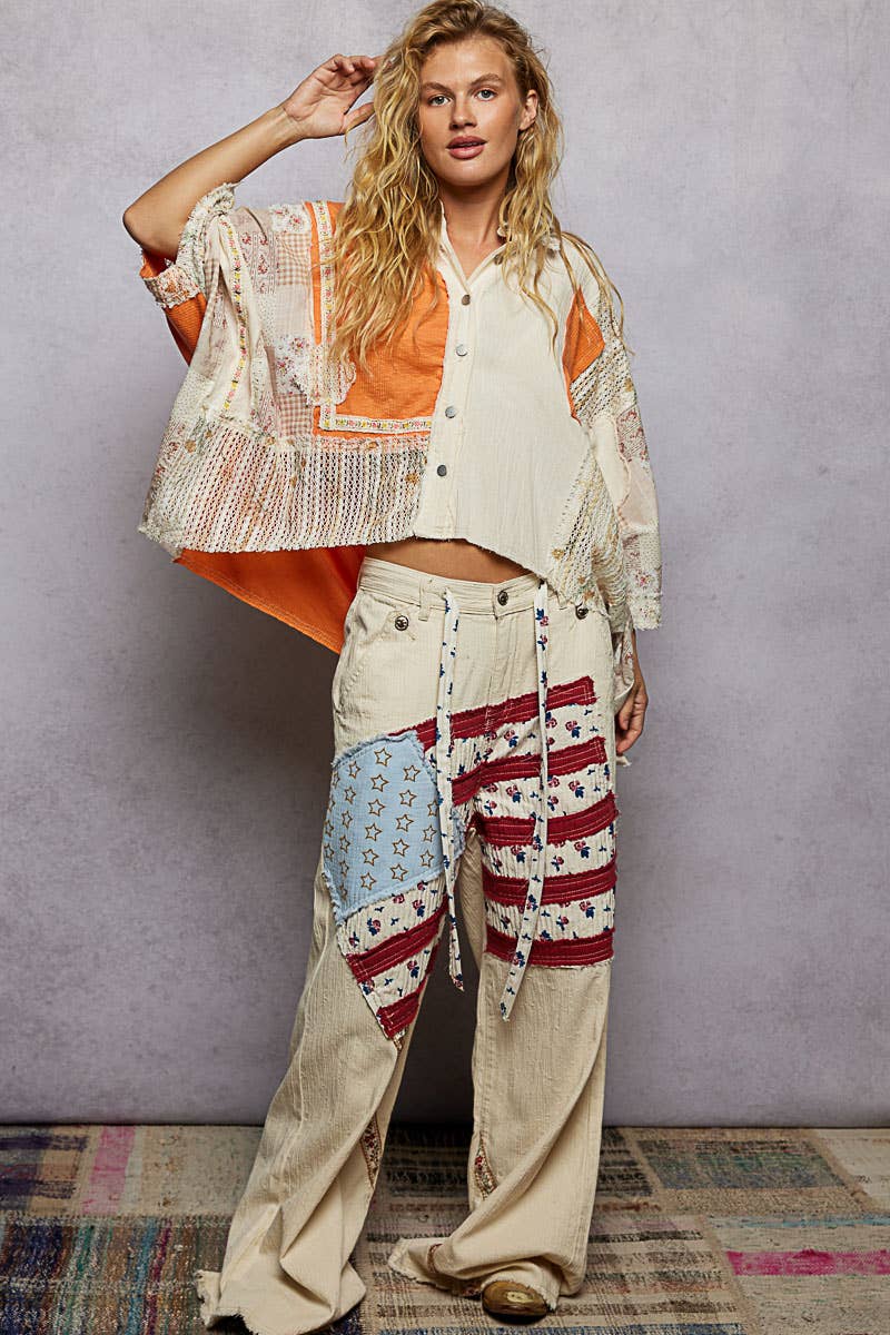 She’s Sunshine 3/4 Sleeve Textured Woven Rib Crochet Embroidery Shirt Top - ivyandlavyboutique Pol Clothing
