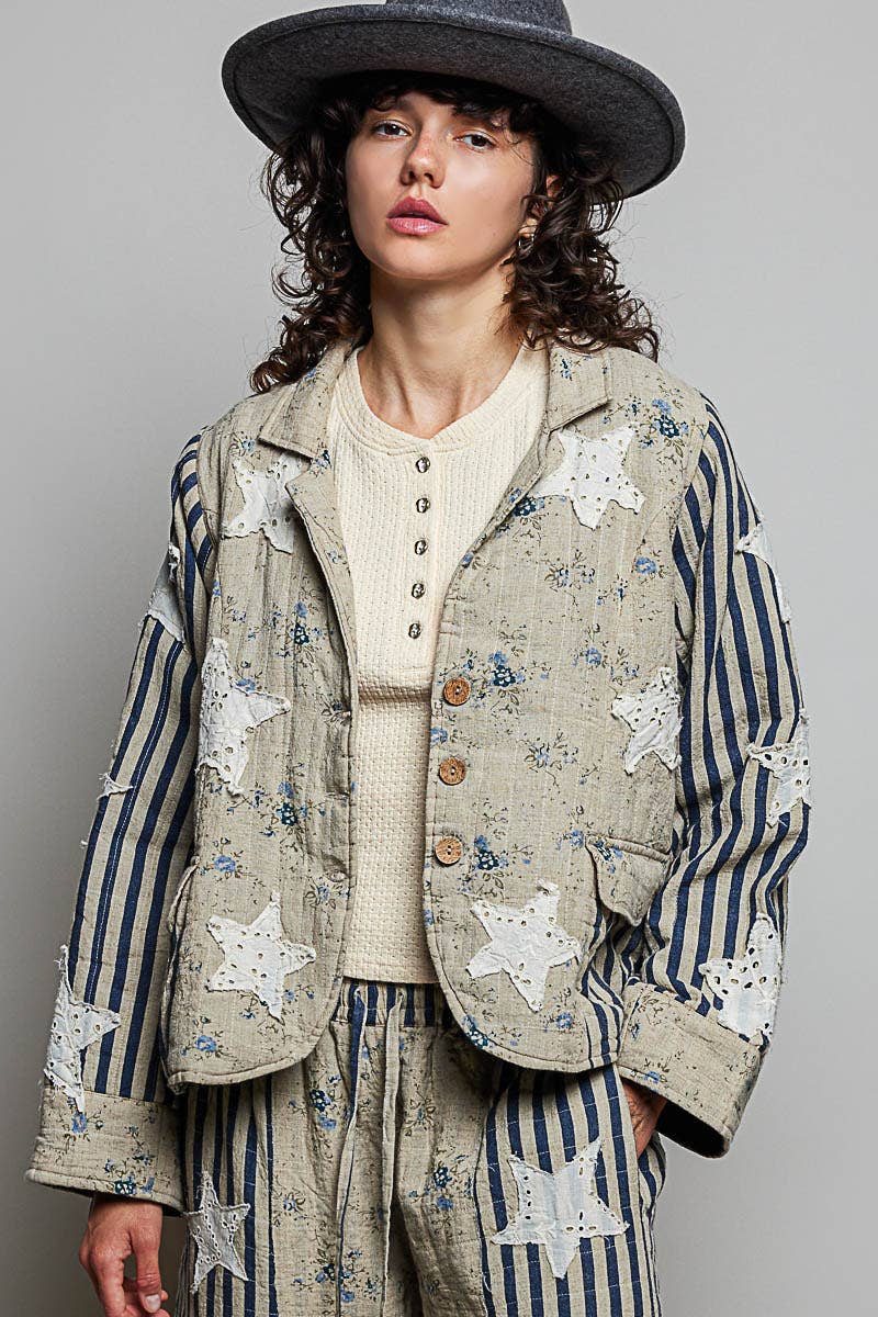 Shoot for the Stars Striped Sleeves Handcrafted Quilted Patchwork Woven Jacket - ivyandlavyboutique Pol Clothing