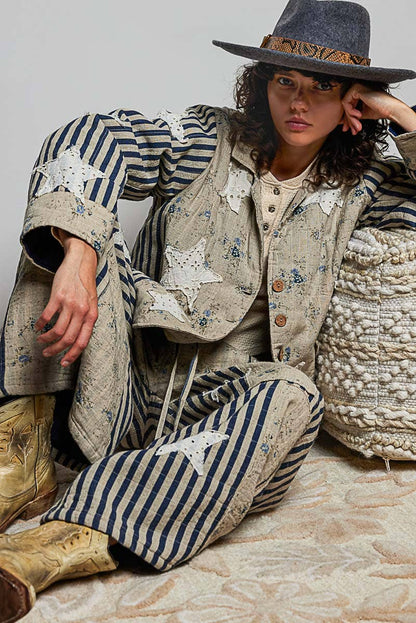 Shoot for the Stars Striped Sleeves Handcrafted Quilted Patchwork Woven Jacket - ivyandlavyboutique Pol Clothing