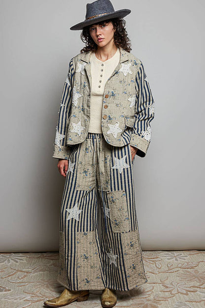 Shoot for the Stars Striped Sleeves Handcrafted Quilted Patchwork Woven Jacket - ivyandlavyboutique Pol Clothing