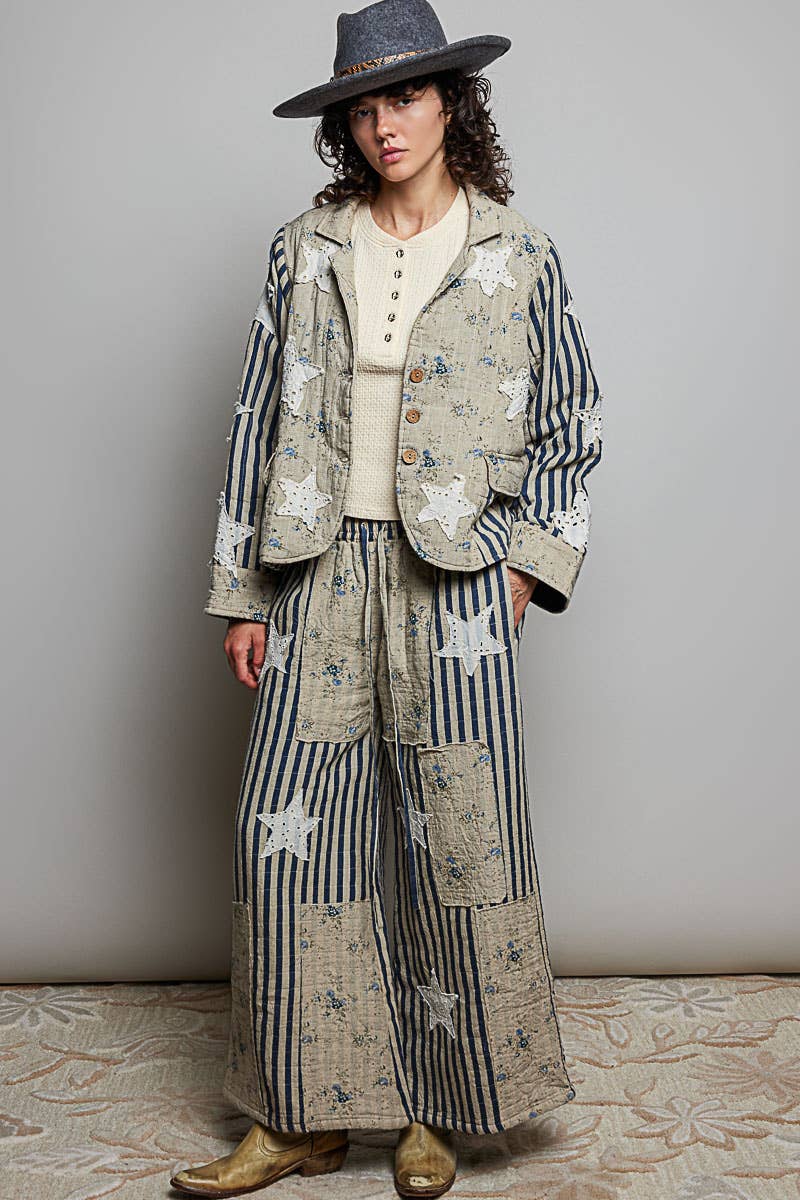 Shoot for the Stars Striped Sleeves Handcrafted Quilted Patchwork Woven Jacket - ivyandlavyboutique Pol Clothing