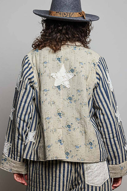 Shoot for the Stars Striped Sleeves Handcrafted Quilted Patchwork Woven Jacket - ivyandlavyboutique Pol Clothing