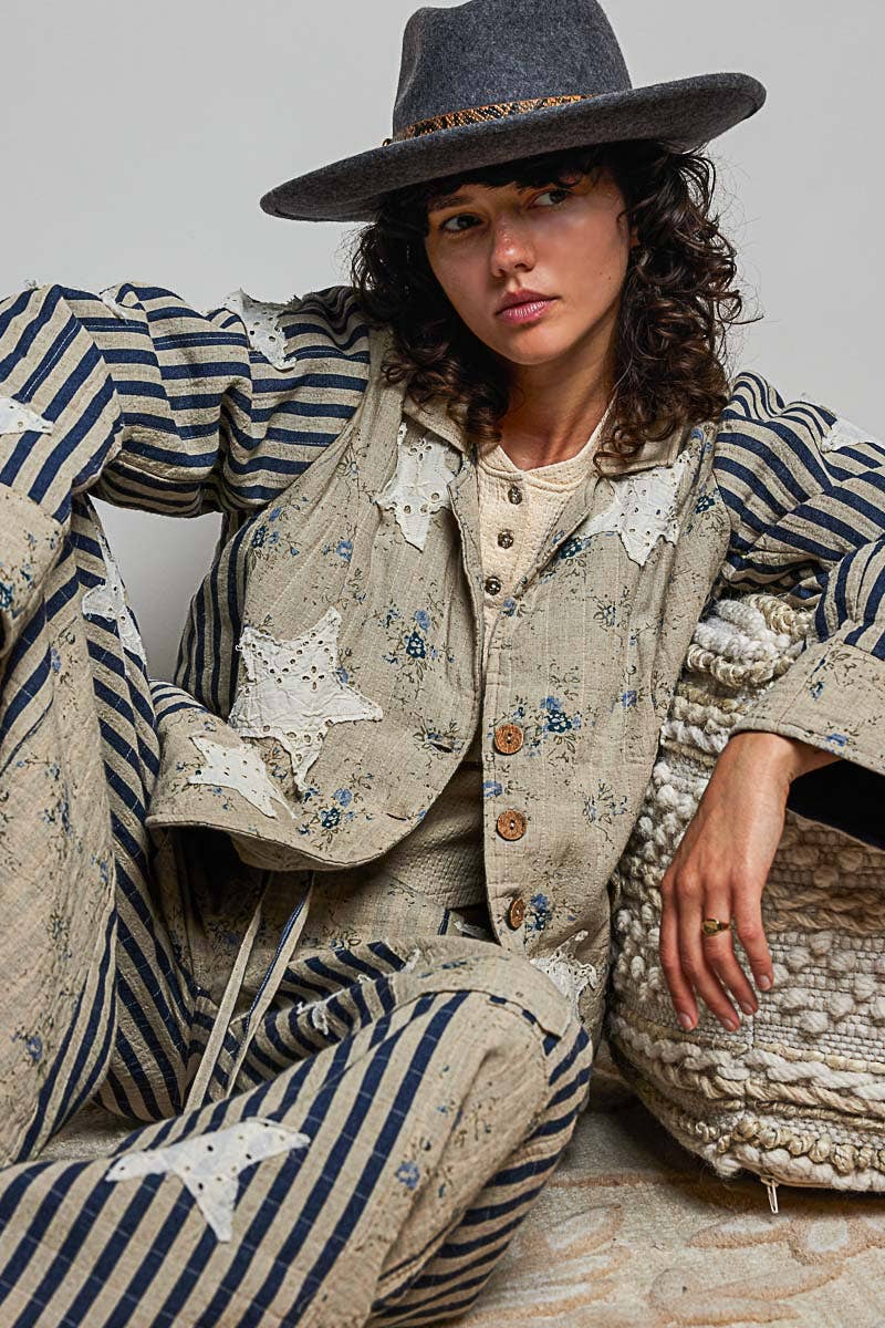 Shoot for the Stars Striped Sleeves Handcrafted Quilted Patchwork Woven Jacket - ivyandlavyboutique Pol Clothing