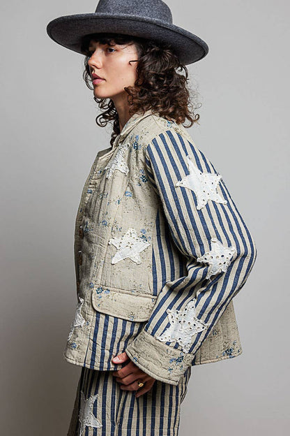 Shoot for the Stars Striped Sleeves Handcrafted Quilted Patchwork Woven Jacket - ivyandlavyboutique Pol Clothing