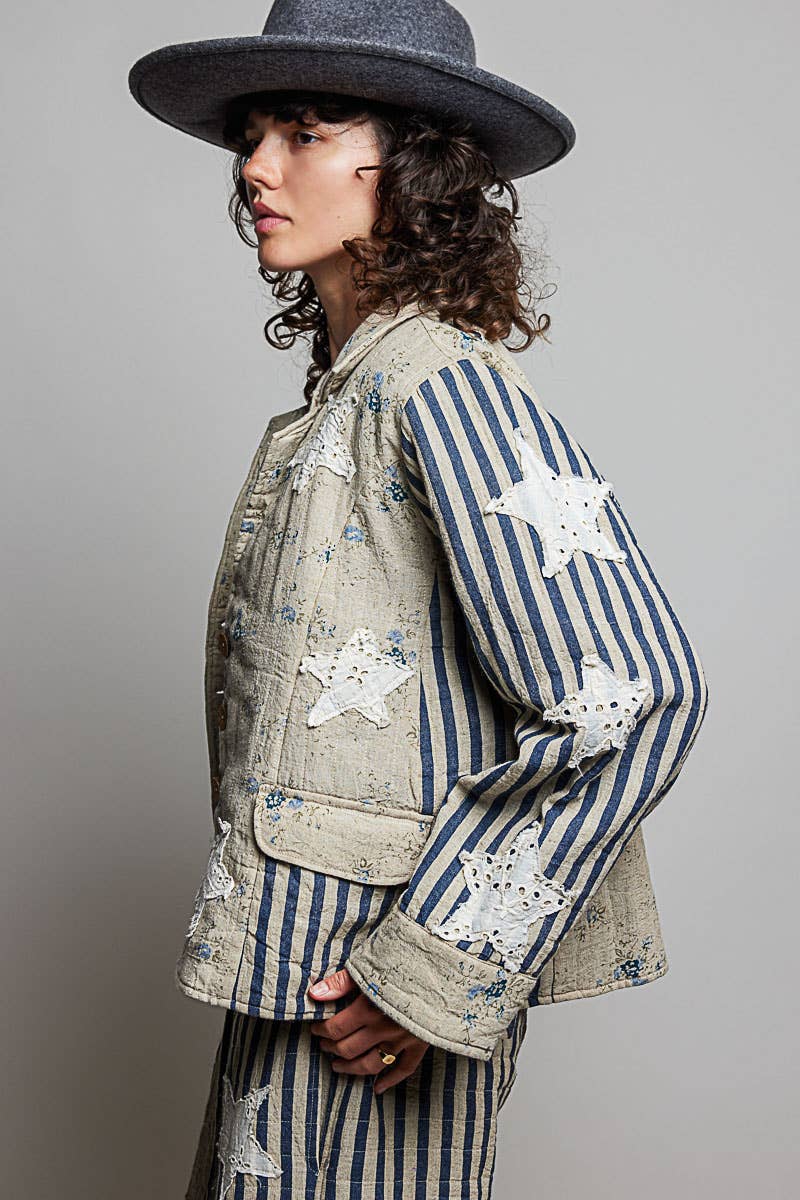 Shoot for the Stars Striped Sleeves Handcrafted Quilted Patchwork Woven Jacket - ivyandlavyboutique Pol Clothing