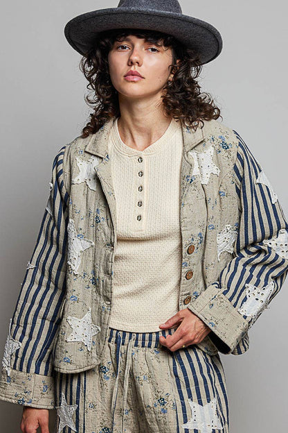 Shoot for the Stars Striped Sleeves Handcrafted Quilted Patchwork Woven Jacket - ivyandlavyboutique Pol Clothing