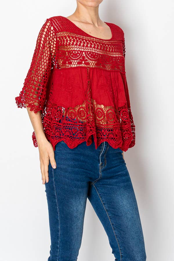 SHORT OVER SIZED FLOWY LACE AND CROCHET RED - ivyandlavyboutique Origami Apparel ~ Lace and Crochet inspired
