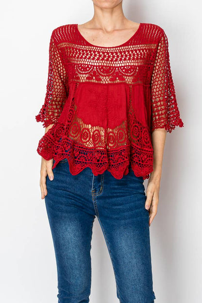 SHORT OVER SIZED FLOWY LACE AND CROCHET RED - ivyandlavyboutique Origami Apparel ~ Lace and Crochet inspired