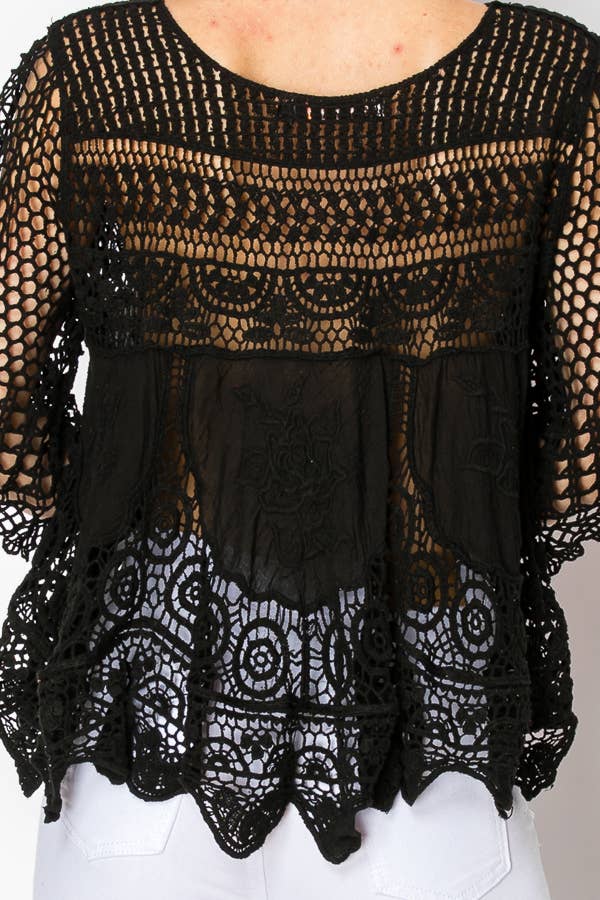 SHORT OVER SIZED FLOWY LACE AND CROCHET TOP Black - ivyandlavyboutique Origami Apparel ~ Lace and Crochet inspired