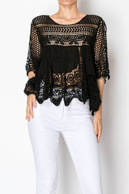 SHORT OVER SIZED FLOWY LACE AND CROCHET TOP Black - ivyandlavyboutique Origami Apparel ~ Lace and Crochet inspired