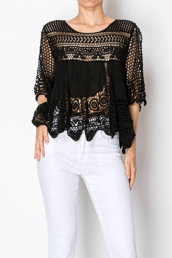 SHORT OVER SIZED FLOWY LACE AND CROCHET TOP Black - ivyandlavyboutique Origami Apparel ~ Lace and Crochet inspired