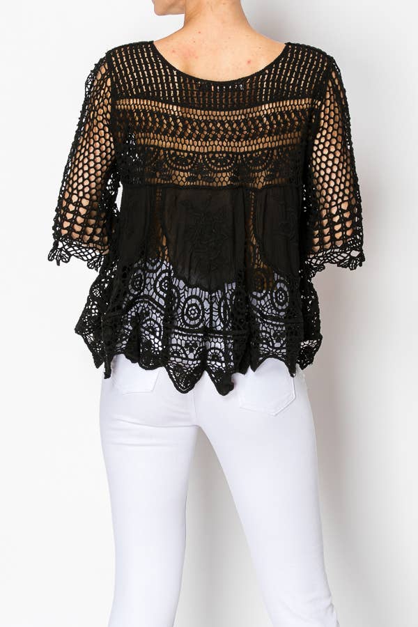 SHORT OVER SIZED FLOWY LACE AND CROCHET TOP Black - ivyandlavyboutique Origami Apparel ~ Lace and Crochet inspired