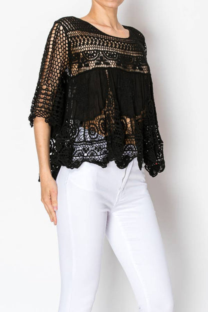 SHORT OVER SIZED FLOWY LACE AND CROCHET TOP Black - ivyandlavyboutique Origami Apparel ~ Lace and Crochet inspired