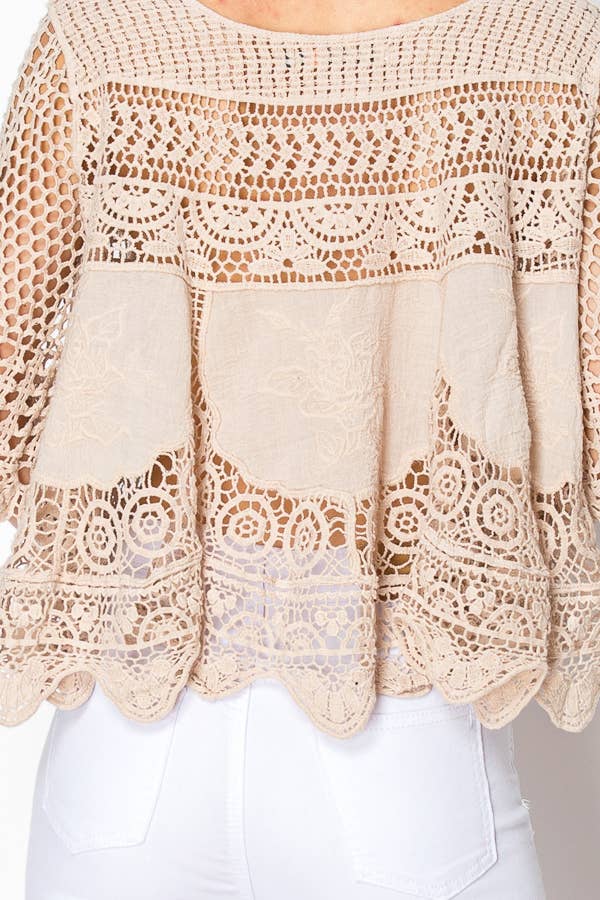 SHORT OVER SIZED FLOWY LACE AND CROCHET TOP TAUPE - ivyandlavyboutique Origami Apparel ~ Lace and Crochet inspired