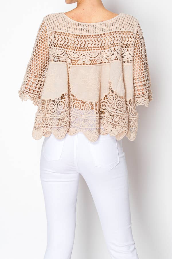 SHORT OVER SIZED FLOWY LACE AND CROCHET TOP TAUPE - ivyandlavyboutique Origami Apparel ~ Lace and Crochet inspired