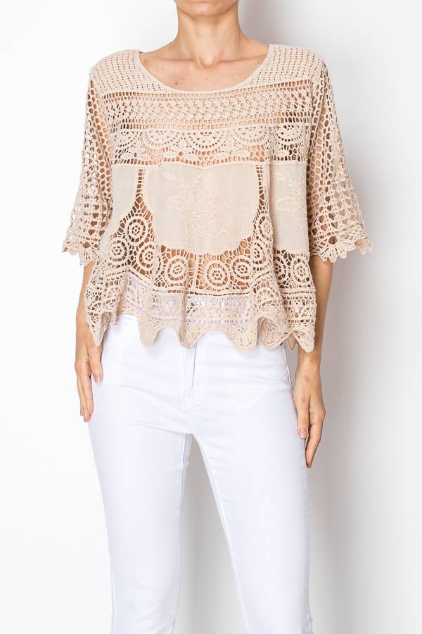 SHORT OVER SIZED FLOWY LACE AND CROCHET TOP TAUPE - ivyandlavyboutique Origami Apparel ~ Lace and Crochet inspired