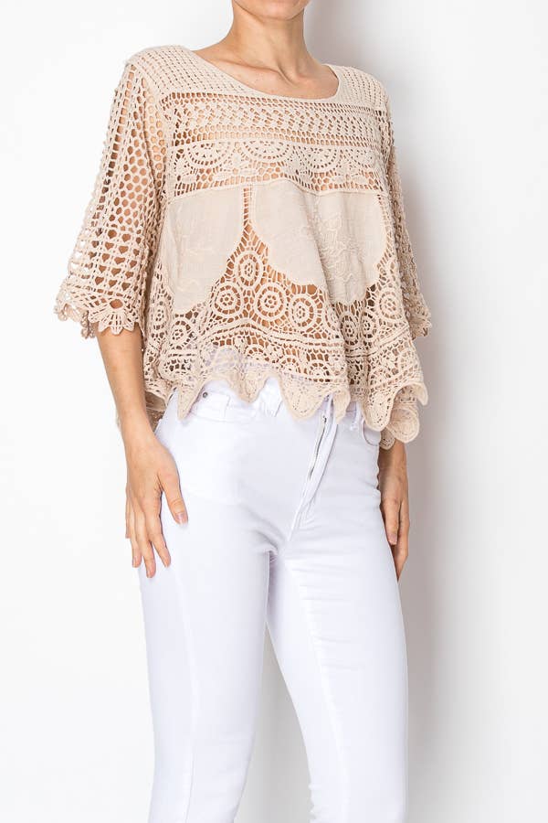 SHORT OVER SIZED FLOWY LACE AND CROCHET TOP TAUPE - ivyandlavyboutique Origami Apparel ~ Lace and Crochet inspired