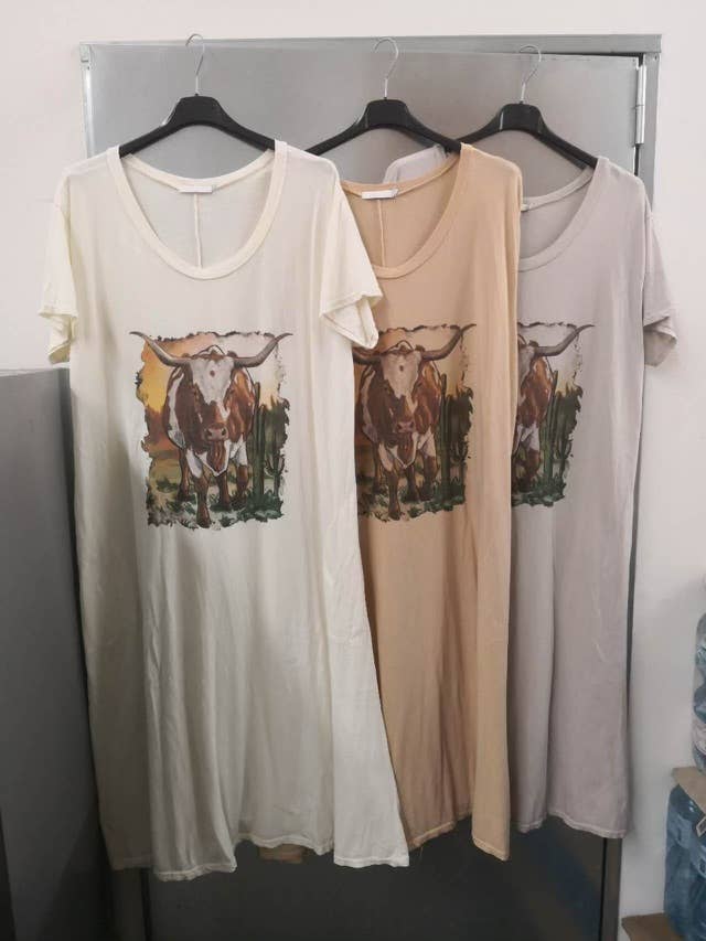 Short Sleeve A - Line T-Shirt Dress - Longhorn - ivyandlavyboutique LeParisPetit by I Love Linen