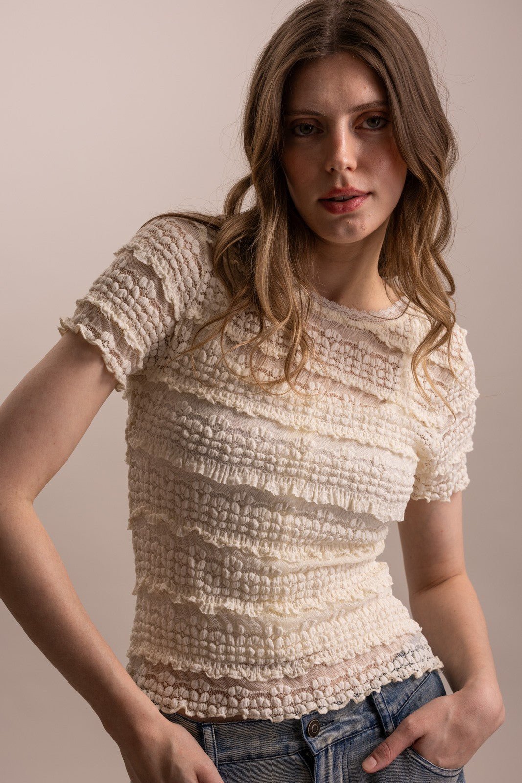 Short Sleeve Fittted Lined Lace Top - ivyandlavyboutique Blue Velvet