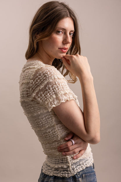 Short Sleeve Fittted Lined Lace Top - ivyandlavyboutique Blue Velvet