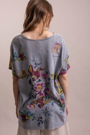 Short Sleeve Round Neck Butterfly Print Oversized Shirt - ivyandlavyboutique Blue Velvet