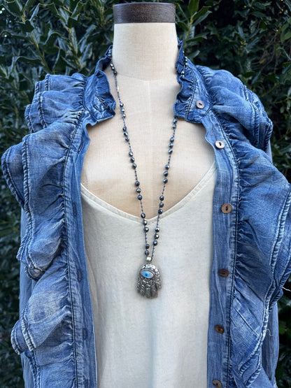 Silver Hamsa Hand Necklace on Knotted Gemstone Chain - ivyandlavyboutique ivyandlavyboutique