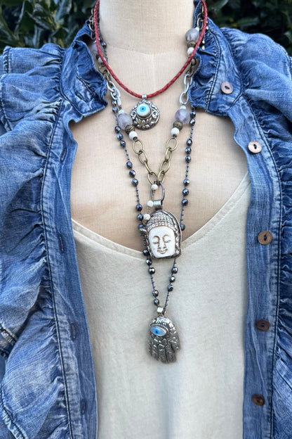 Silver Hamsa Hand Necklace on Knotted Gemstone Chain - ivyandlavyboutique ivyandlavyboutique