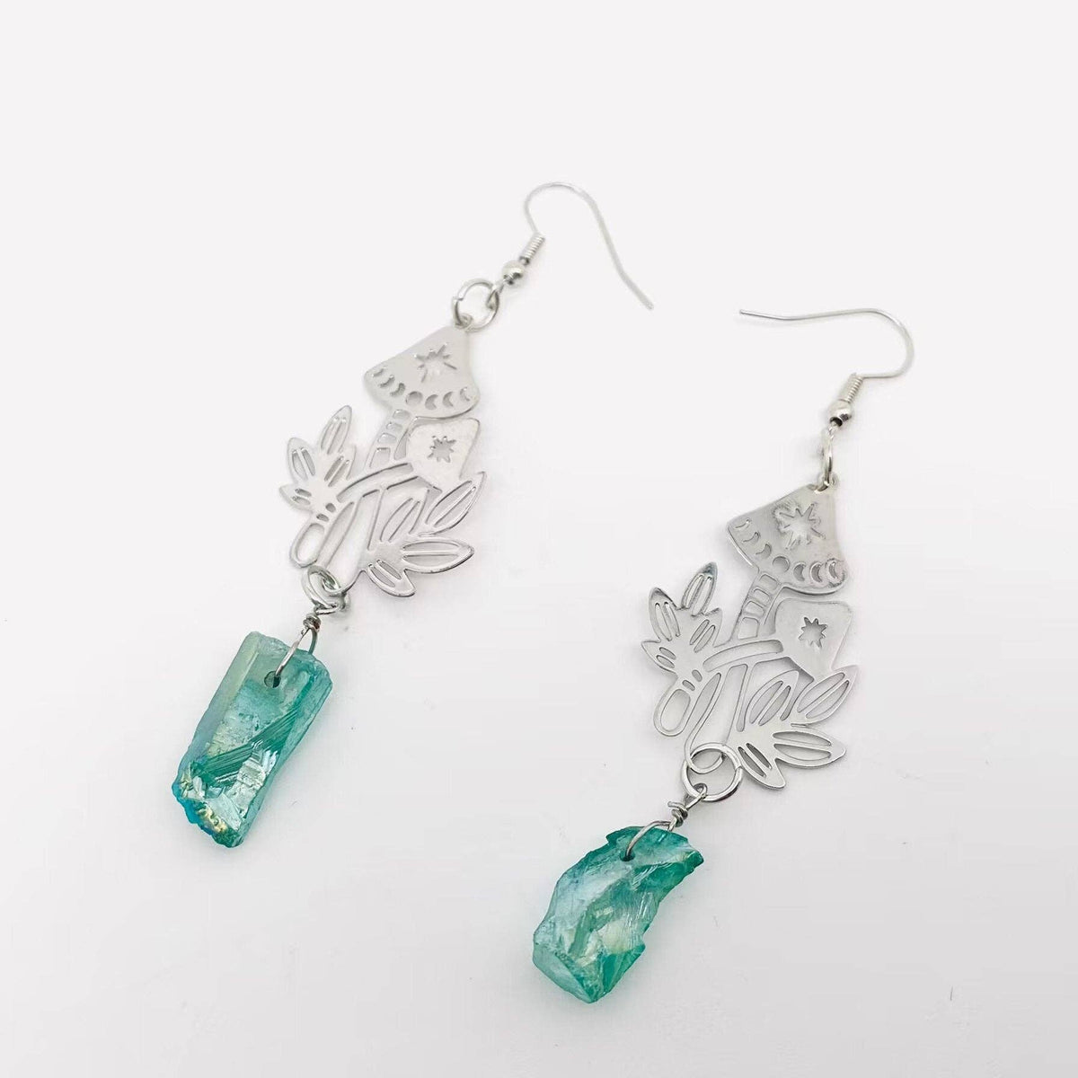 Silver Mushroom Green Crystal Pendant Earrings - ivyandlavyboutique Mio Queena