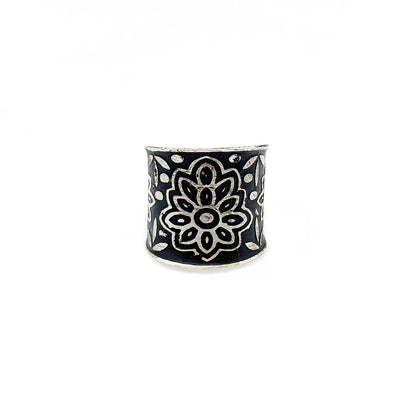Silver Patina Ring - Black Floral Pattern - ivyandlavyboutique Anju Jewelry