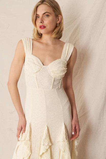Sleeveless Corset Top Ruffle Maxi Dress: Ivory - ivyandlavyboutique En Crème
