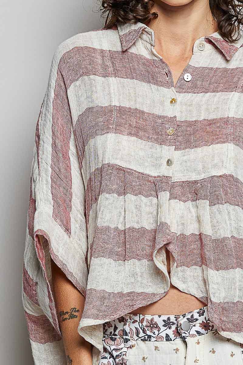 So Chic Lightweight Stripe Button-Front Woven Blouse - ivyandlavyboutique Pol Clothing