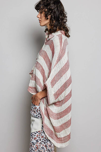 So Chic Lightweight Stripe Button-Front Woven Blouse - ivyandlavyboutique Pol Clothing