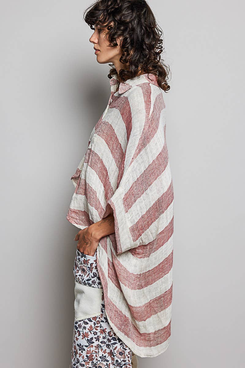 So Chic Lightweight Stripe Button-Front Woven Blouse - ivyandlavyboutique Pol Clothing