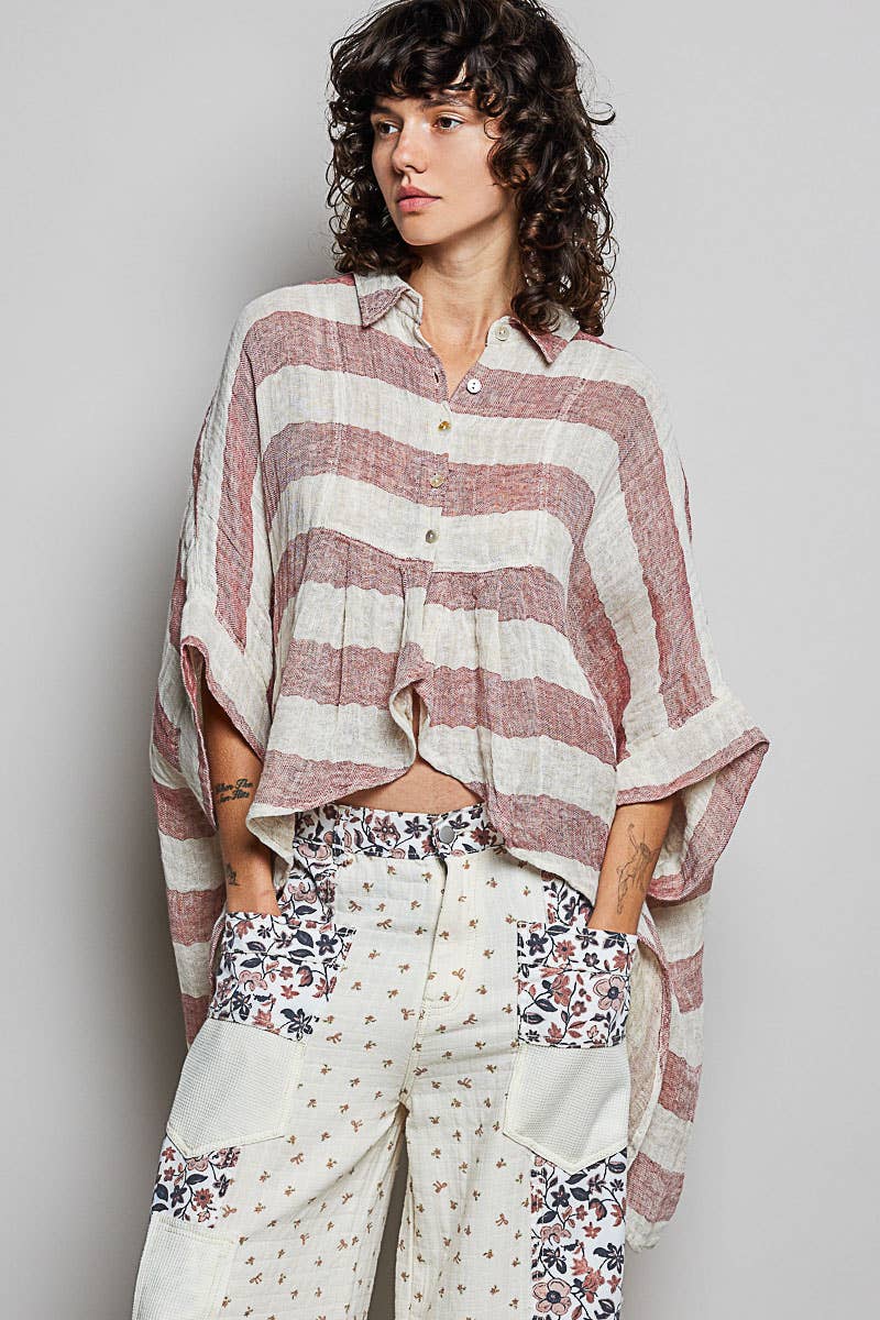 So Chic Lightweight Stripe Button-Front Woven Blouse - ivyandlavyboutique Pol Clothing