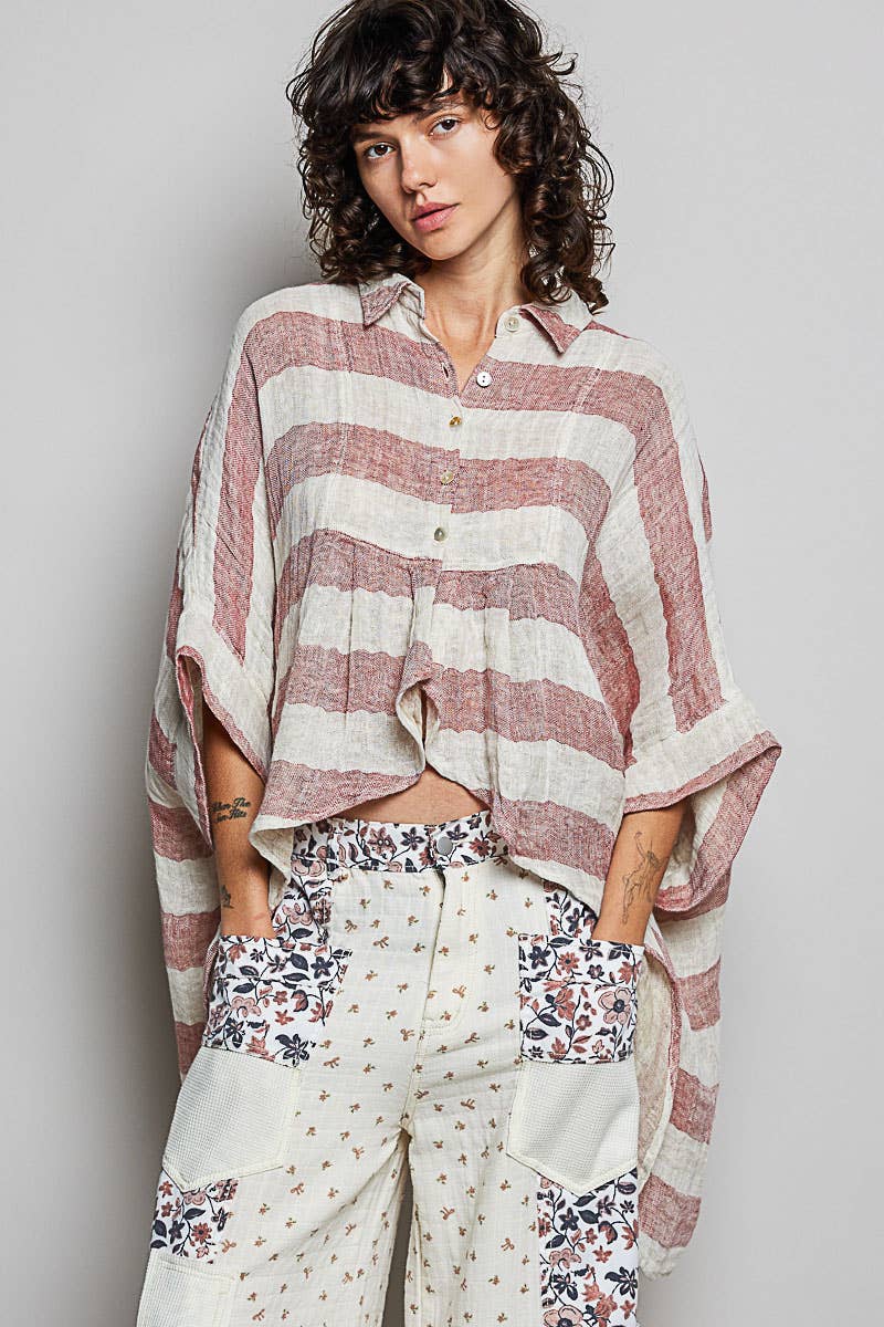 So Chic Lightweight Stripe Button-Front Woven Blouse - ivyandlavyboutique Pol Clothing